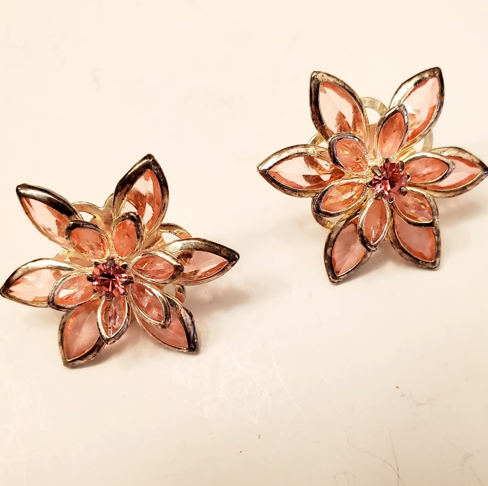 Pink Floral Crystal Earrings, Post  Back, 1 Inch